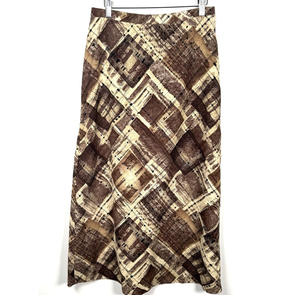 AGB Vintage Maxi Skirt Brown Beige Geometric Diamond Plaid Print Med Earthy Boho